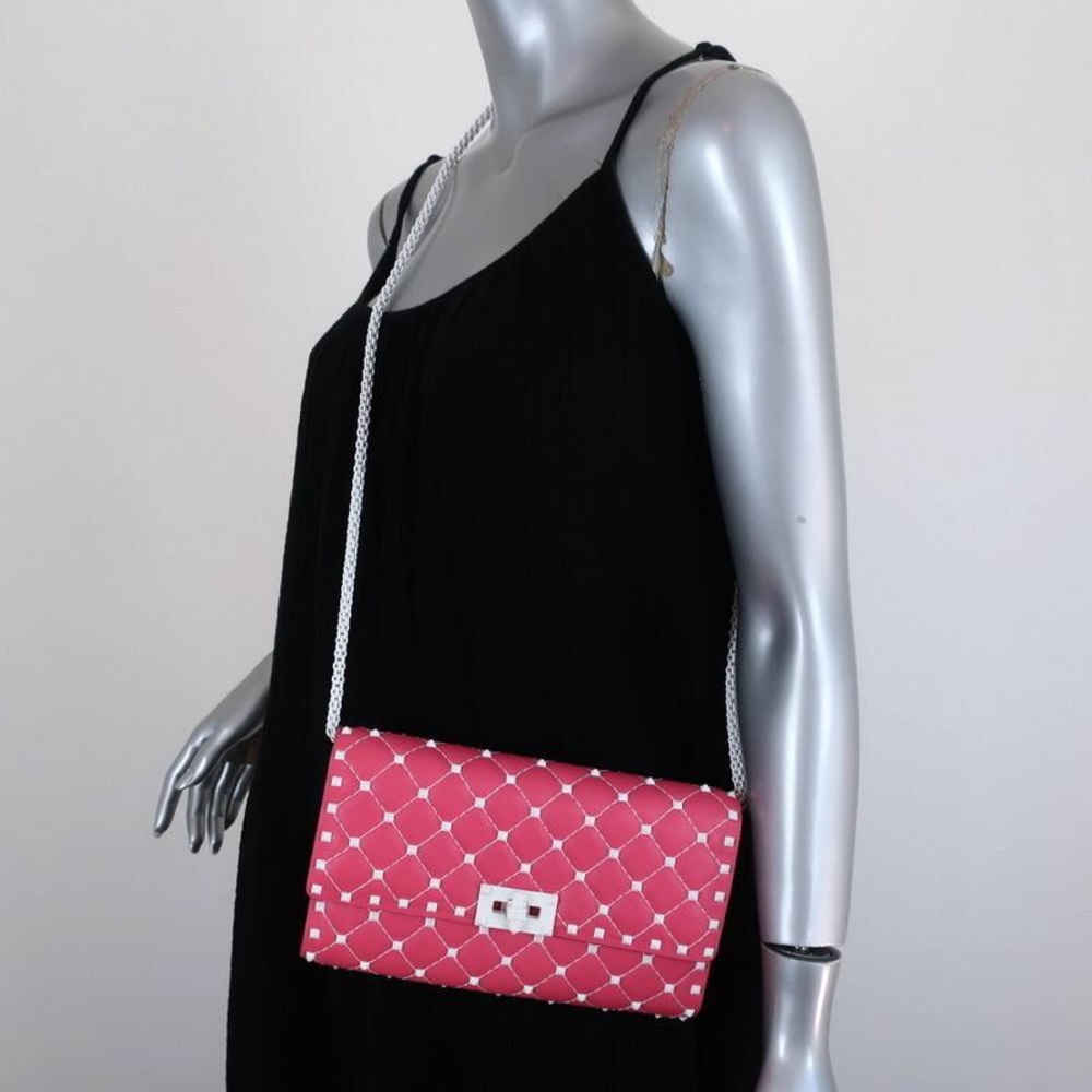 Valentino Rockstud Spike Nappa Leather Crossbody Clutch Bag Pink and White